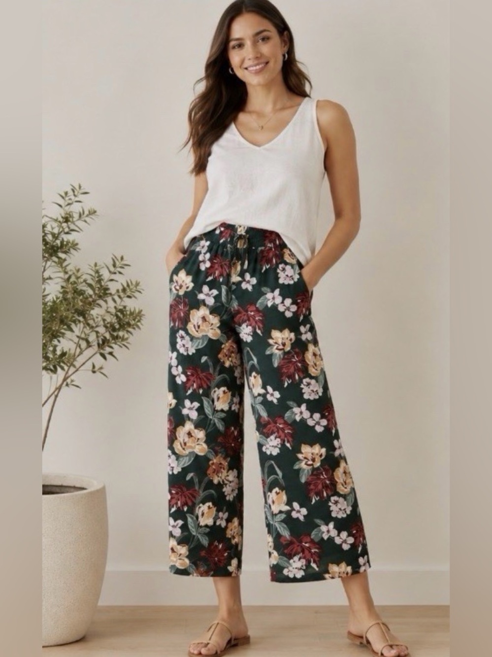 Loft Women's Floral Wide-Leg Pants - Dark Green